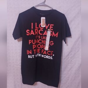 Black Graphic T-Shirt with Red and White Text